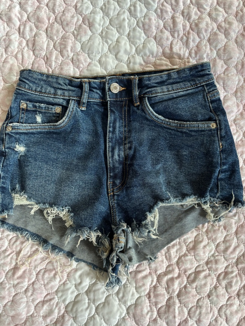 Zara Frayed Hem Dark Blue Denim Shorts